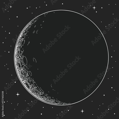 A detailed illustration of the moons surface, showing craters and texture, set against a dark, starfilled night sky