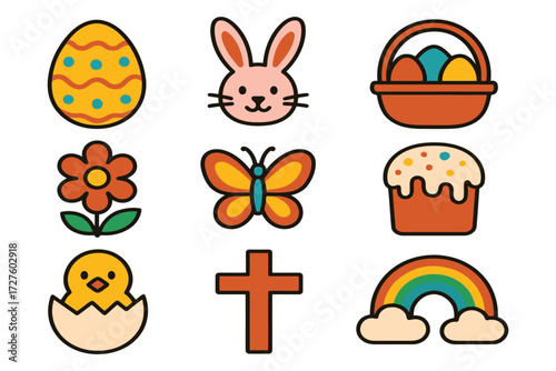 Collection of cute easter icons featuring eggs bunny flower butterfly cake chick cross rainbow