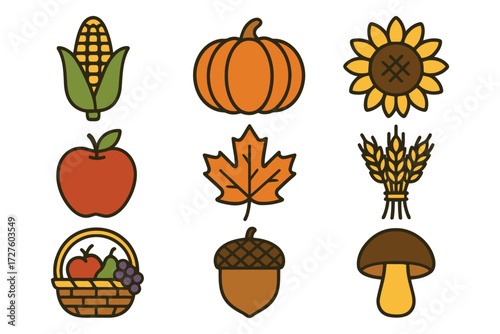 Collection of autumn harvest icons featuring pumpkin corn apple sunflower wheat acorn