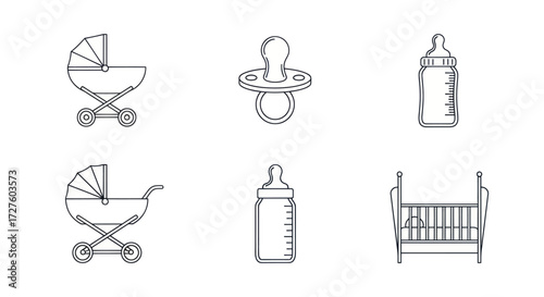 Outlined Baby Essentials: Stroller Pacifier Bottles and Crib.
