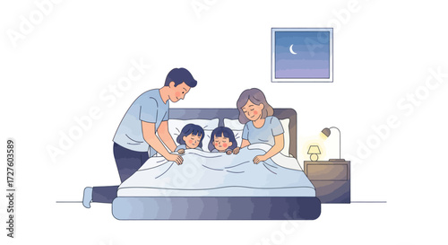 Parents tucking in their two happy children into bed at night.
