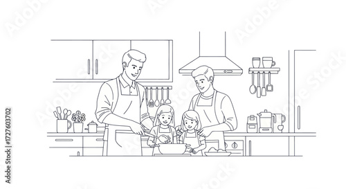 Family Cooking Together in Kitchen Preparing Food Outlined Illustration.