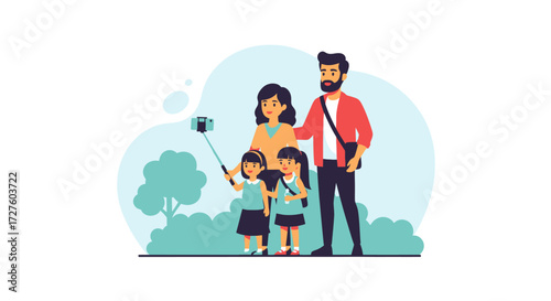 Happy family taking a selfie with a selfie stick in a park.