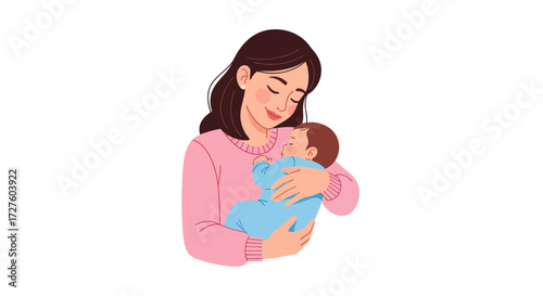 Illustration of a happy young mother in a pink shirt cuddling her sleeping newborn infant.