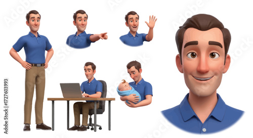 Cartoon Man Character Poses and Expressions Collection.