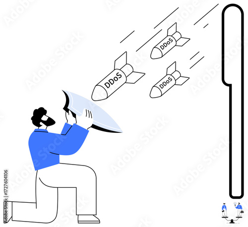 Man with shield blocking multiple DDOS-labeled missiles approaching a large key. Ideal for cyber security, data protection, online defense, risk management, threat mitigation, IT security, simple