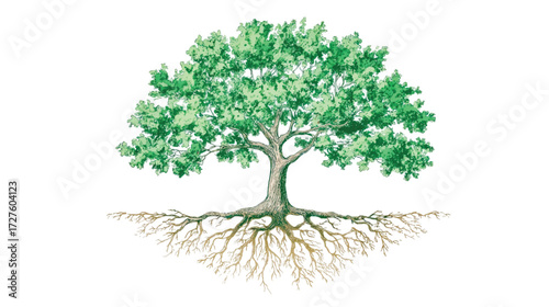 Illustration of a majestic tree with green leaves and exposed roots against a white background representing growth and stability