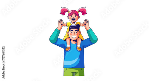 Happy father carrying his smiling daughter on shoulders cartoon illustration.
