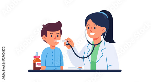 Doctor Examining Young Boys Throat with Thermometer and Stethoscope.