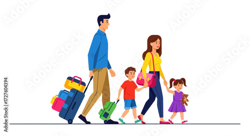 Family Walking with Luggage: Vacation Travel Illustration.