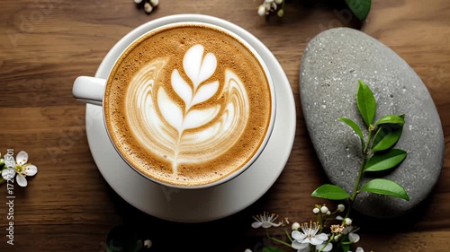 Aesthetic flat lay of a cappuccino with latte art and zen elements in natural colors, representing a calm morning ritual and relaxation, with copy space