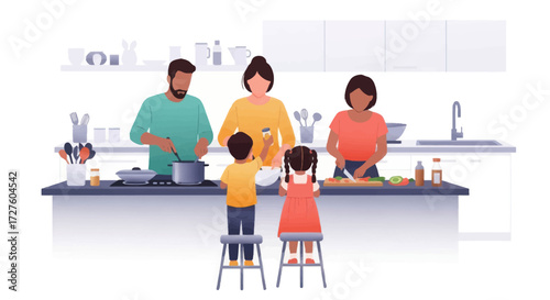 Family Cooking Together in Modern Kitchen Preparing Meal.