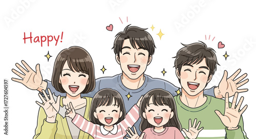 Happy Family Illustration Waving and Smiling Joyfully Together.