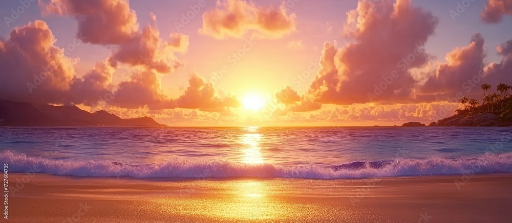Obraz premium Serene Tropical Beach Sunset with Fiery Clouds and Gentle Waves