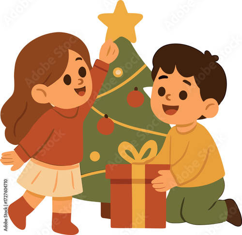 Two cheerful children decorate a Christmas tree with ornaments and a star while placing a gift underneath, creating a warm festive holiday scene.