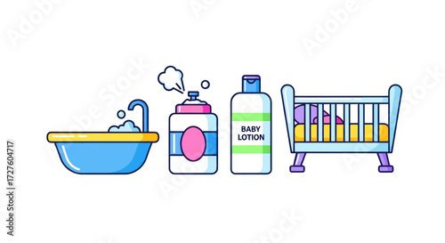 Colorful Baby Care Essentials: Bathtub Powder Lotion and Crib Illustration.
