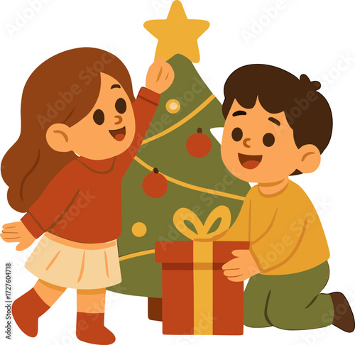 Two cheerful children decorate a Christmas tree with ornaments and a star while placing a gift underneath, creating a warm festive holiday scene.