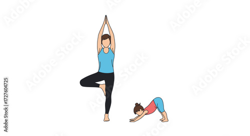 Two people practicing yoga poses tree pose and downward-facing dog.
