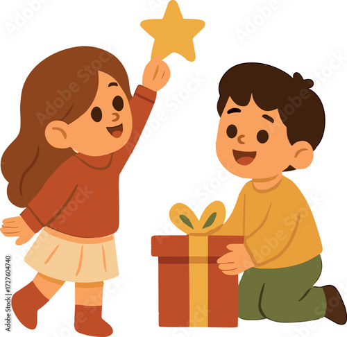 A happy girl holds up a star while a smiling boy kneels beside her with a big wrapped gift, capturing a joyful holiday moment.