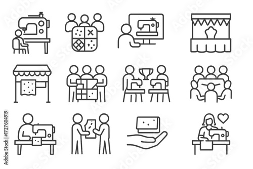 Grid booth workshop live icon sewathon icons pattern sewing quilting demo vector