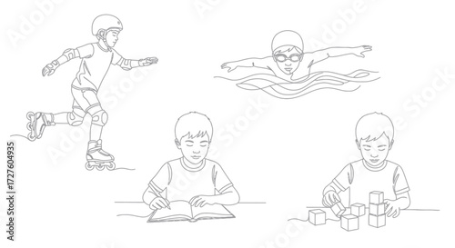 Set of hand-drawn line art illustrations showing a young boys various activities and hobbies.