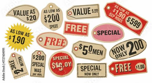 Retro price tag and discount sale labels vector illustration