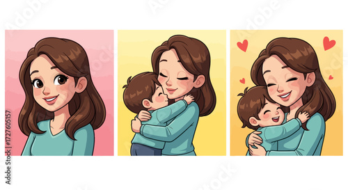 Mother and Child Hugging: Three Stages of Affectionate Bonding.