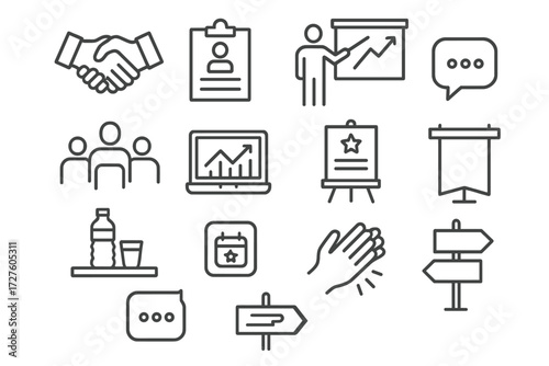 Open business conference bubble app hands keynote icons stand vector signage participants