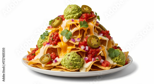 Loaded nachos with guacamole and salsa in bright studio lighting on white plate for party food.
