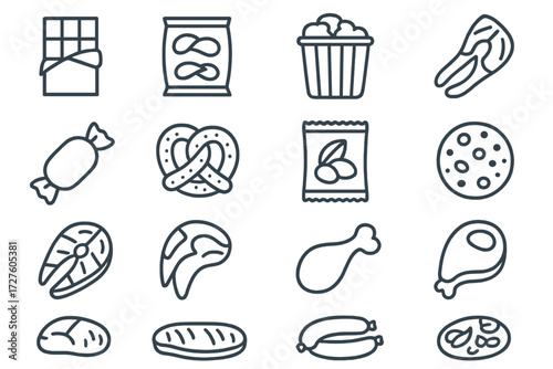 Icon bar cookie potato bag pack granola icons pretzels meat vector snack