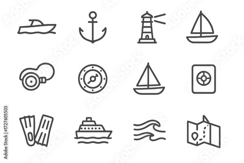 Vector sailing icons icon scuba map waves sea ocean marine lighthouse adventure