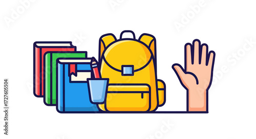 Colorful School Supplies Illustration with Backpacks Books and Raised Hand.