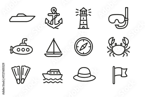 Farm hat compass snorkel silhouette speed waves submarine vector icons marine sea