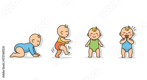 Cartoon Babies in Different Stages of Development and Joy.