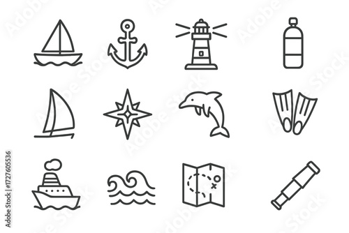 Whale icon skiff cruise mask icons lighthouse submarine sea vector adventure flippers