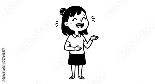 Joyful young girl with a cheerful expression and hair in a bun.