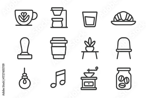 Modern plate vector croissant shop bulb cup coffee grinder icon note minimalist