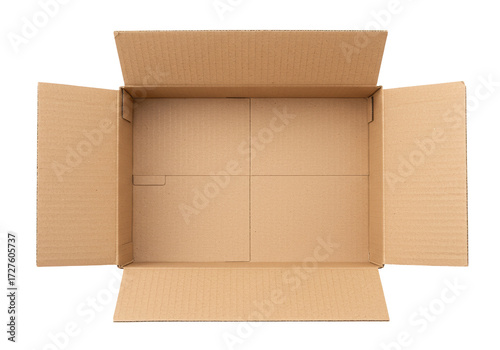 Open brown cardboard box isolated on white, empty container for shipping and storage