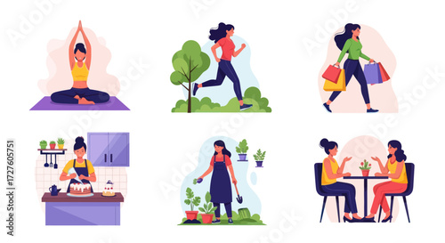 Diverse Women Engaging in Various Activities: Yoga Running Shopping Cooking Gardening and Socializing.