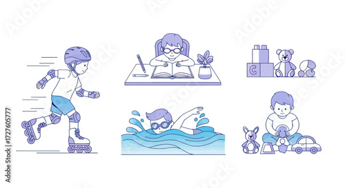 Diverse Children Engaging in Various Activities: Roller Skating Studying Swimming and Playing.