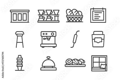 Pickup icons cafe bar counter pastries vector icon basket shelf wall bread