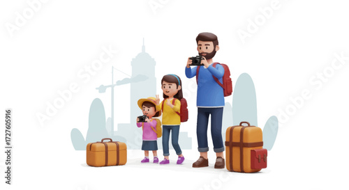 3D rendered family of tourists with father taking photos and daughters ready for travel with luggage.