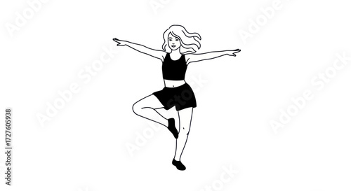 Graceful woman in athletic wear balancing on one leg black and white line art illustration.