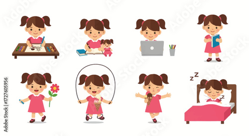 Cartoon Girl in Various Activities Pigtails and Pink Dress.