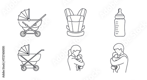 Collection of baby care icons: stroller carrier bottle and parent holding infant.