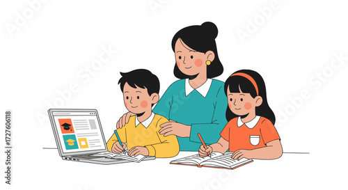 Mother Helping Children with Online Learning on Laptop Home Education.