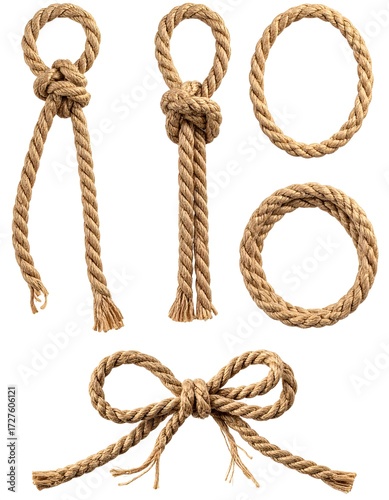 Collection of natural hemp rope knots and loops