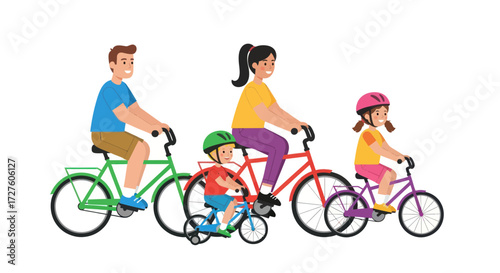 Happy Family Cycling Together on Bikes of Different Sizes.