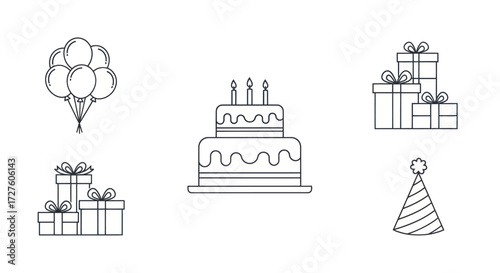 Outlined Birthday Cake with Candles and Decorations.