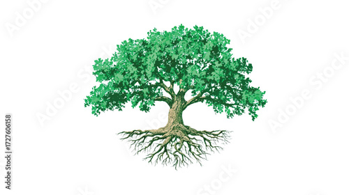 Majestic Oak Tree with Deep Roots Spreading Branches and Vibrant Green Foliage on White Background Illustration